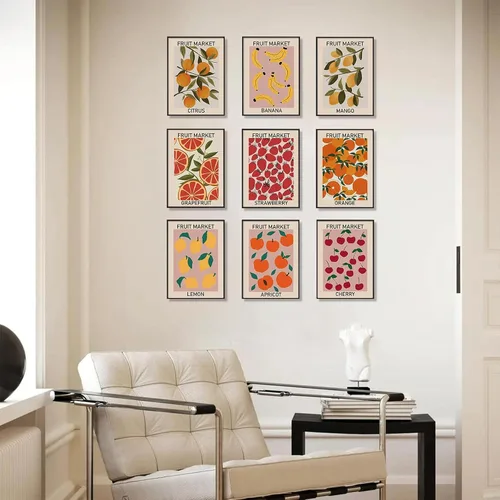 Miniatura 4 de Juego de 9 impresiones de arte de pared de mercado de frutas, pósteres coloridos abstractos, impresiones de mercado de frutas limón naranja plátano