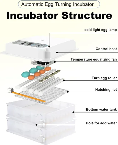 Miniatura 7 de Incubadora inteligente de 120 huevos, control de temperatura y humedad, pantalla LED, vela integrada, llenado de agua externo y potencia dual