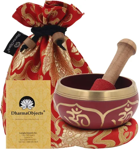 Miniatura 12 de DharmaObjects ~ Juego de cuencos tibetanos OM con mazo, cojín de brocado y bolsa de transporte ~ para meditación, curación de chakras, oración, yoga