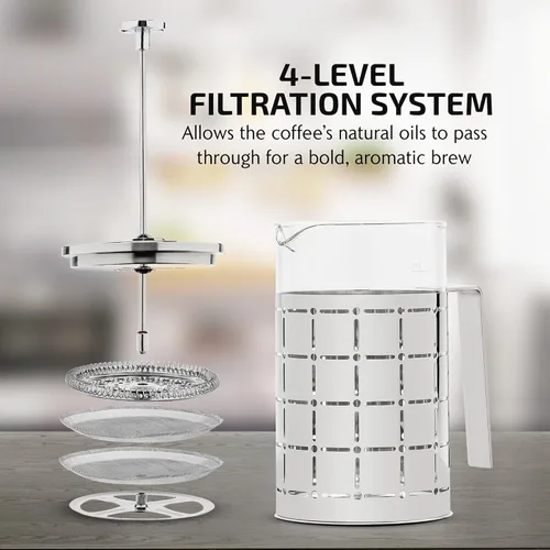 Miniatura 3 de OVENTE Cafetera de prensa francesa de 27 onzas con vidrio de borosilicato resistente al calor, diseño de acero inoxidable y sistema de filtro de 4