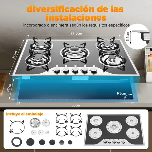 Miniatura 2 de Estufa de gas de 5 quemadores, encimera de acero inoxidable integrada de 30 pulgadas, encimera de acero inoxidable integrada con protección