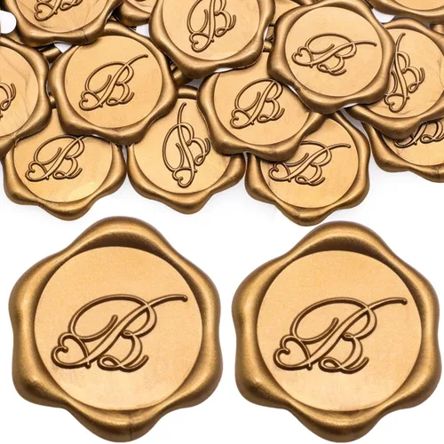 Miniatura 7 de SWANGSA Paquete de 50 calcomanías de sello de cera de letra A, diseño de corazón dorado antiguo, calcomanías de cera inicial para boda, fiesta