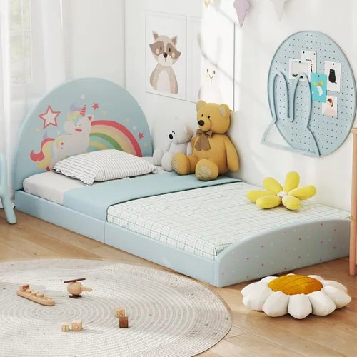 Miniatura 8 de Costzon - Base de cama individual para piso, cama tapizada para niños con alfombra de tela Oxford 210D, soporte central y tablas acolchadas, cama
