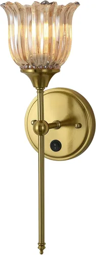 Miniatura 9 de Juego de 2 apliques de pared modernos con pantalla de cristal de flor ámbar, accesorios de luz de pared de tocador de baño de mediados de siglo
