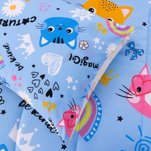 Miniatura 5 de Btargot Juego de edredón reversible de 5 piezas con diseño de gato de dibujos animados azules para niños, juego de ropa de cama con diseño de flores