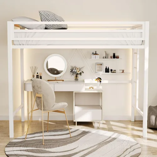 Miniatura 3 de ikalido - Cama elevada de metal tamaño individual con barandilla de seguridad y escalera, no requiere somier, ahorra espacio, mueble para Blanco