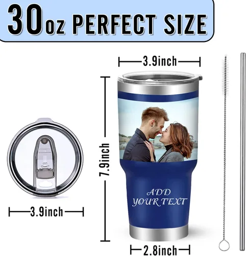 Miniatura 3 de Vaso de fotos personalizado de 30 onzas con tapa y pajita, tazas de café de acero inoxidable personalizadas, taza de viaje con nombre de imagen