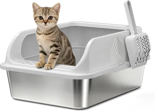 Caja de arena de acero inoxidable con tapa, cajas de arena de metal para gatos de alta cara cerrada para gatos pequeños y gatos lesionados, conejo,