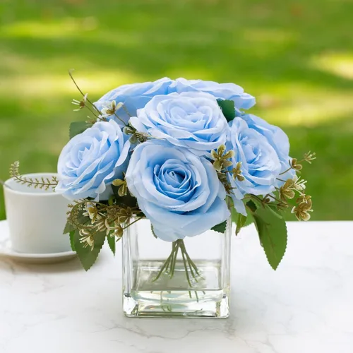 ENOVA FLORAL 9 cabezas de rosas artificiales en jarrón, rosas falsas con jarrón de cristal para decoración (azul)
