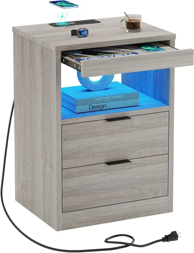 Miniatura 11 de ADORNEVE Mesita de noche LED negra con estación de carga inalámbrica, 2 cajones, moderna mesa auxiliar de dormitorio con luces LED, mesa de noche