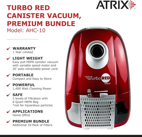Miniatura 3 de Atrix AHC Turbo Red HEPA - Aspiradora con recipiente de 6 cuartos de galón, paquete premium para limpieza del hogar y alfombras, incluye accesorios