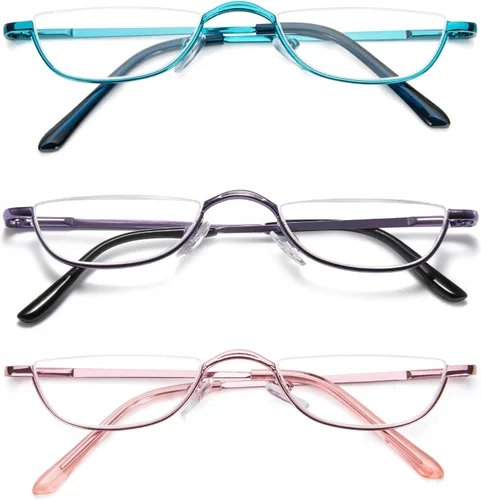 Miniatura 9 de DXYXYO Lentes de lectura de media luna para mujeres y hombres, pequeños lectores de bisagra de resorte de metal con marco semimonar