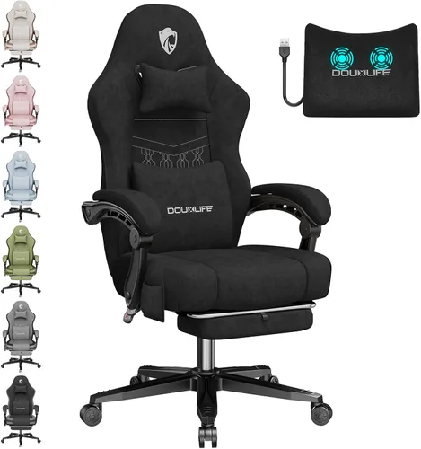 Miniatura 11 de Silla para videojuegos, silla de oficina de tela para computadora con masaje, silla ergonómica con reposapiés, soporte lumbar, cojín ensanchado
