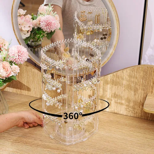 Miniatura 3 de SuoXing Organizador de aretes giratorio de 360 grados y exhibidores de joyas, estante transparente para aretes, collares, pulseras, carrusel, torres