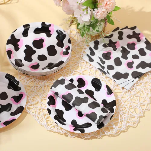 Miniatura 2 de Yaomiao 120 piezas de suministros de fiesta de vaquera vaquera, platos con estampado de vaca y servilletas para niñas y niños, decoración