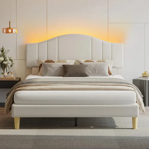 Miniatura 10 de Pinmoco Base de cama tamaño King con cabecero y estribo, cama de plataforma de metal resistente con espacio de almacenamiento debajo de la cama