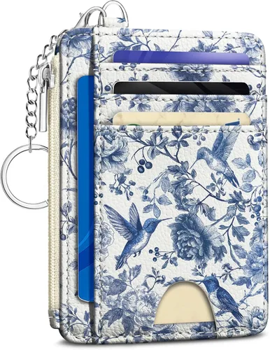 Miniatura 31 de Kelvoris Tarjetero pequeño para mujer, cartera delgada con bloqueo RFID, llavero con bolsillo para monedas con cremallera, bolsillo frontal