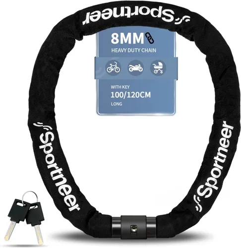 Miniatura 9 de Sportneer Candado para bicicleta: Candado de cadena de bicicleta de alta seguridad de 8mm de grosor con 2 llaves - 0.97/1.2 metros de largo, candado