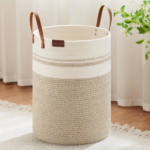 Miniatura 21 de VIPOSCO Cesta alta para ropa sucia, cesta grande para ropa sucia con mango de cuero, cesta de almacenamiento de cuerda tejida para manta, juguete