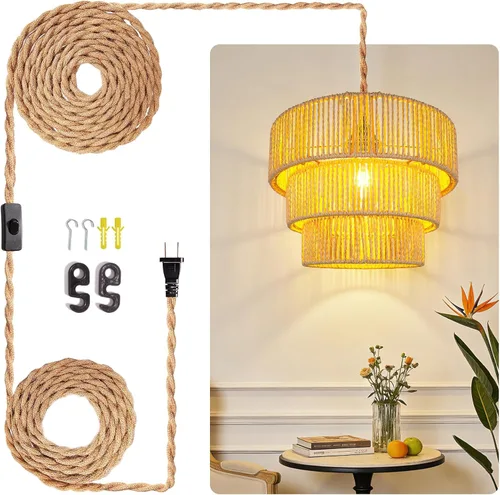 Miniatura 8 de Lámpara colgante de techo de ratán con cable de enchufe para sala de estar, dormitorio, cocina, interior, lámpara colgante enchufable con pantalla