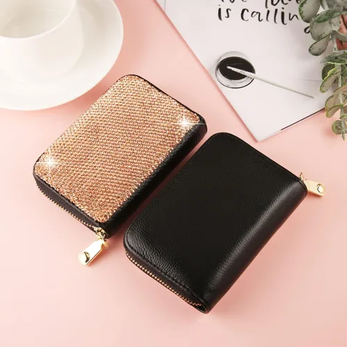 Miniatura 8 de AsAlways Funda con cremallera multicapa con diamantes de imitación RFID, cartera pequeña delgada para mujer, Oro, Moderno
