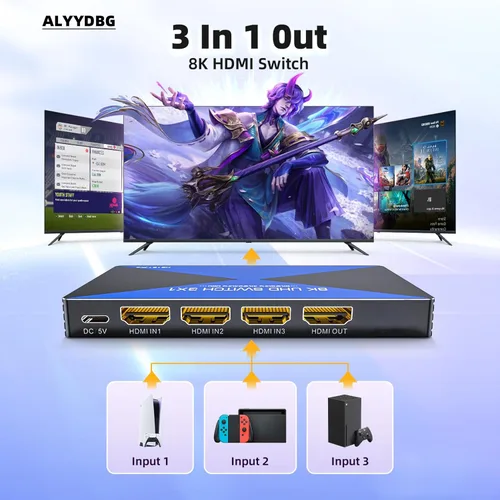 Miniatura 2 de Interruptor HDMI de 8K a 60Hz 3 en 1 salida. ALYYDBG HDMI 2.1 Switcher soporta DSC 4K @240Hz 3D HDR10+ HDCP 2.3 VRR para PS5/4 Xbox Nintendo Switch
