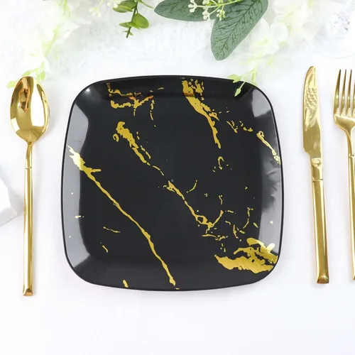 Efavormart - Paquete de 10 platos cuadrados desechables de plástico para ensalada de 8 pulgadas, diseño de mármol negro y dorado, platos de fiesta