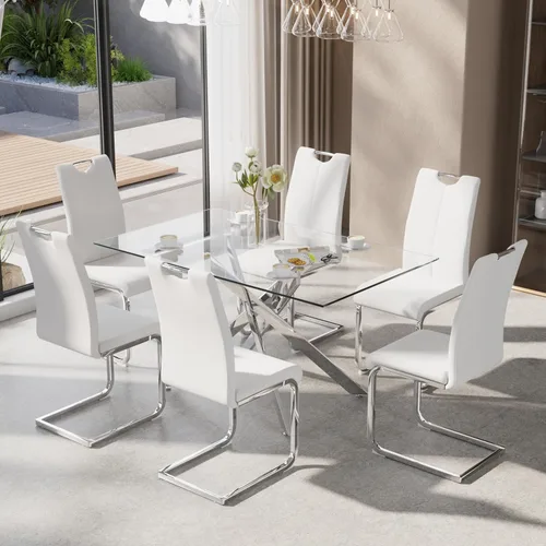 Miniatura 9 de Juego de mesa de comedor de 5 piezas para 4, mesa rectangular moderna de cristal con 4 sillas tapizadas de cuero, juegos de mesa y sillas de comedor