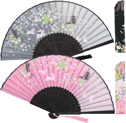 Zolee 2 abanicos de mano plegables pequeños para mujer, abanicos chinos japoneses de seda de bambú vintage, para baile, actuación, decoración, boda,