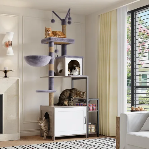 HavenlyYouth Árbol para gatos con estación de comida y recinto para caja de arena, torre de árbol para gatos de múltiples niveles con postes de