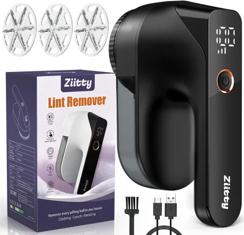 Ziitty - Afeitadora de tela - Removedor de pelusa para ropa, desfuzzer de suéter con pantalla LCD, 3 velocidades, 6 cuchillas, recargable tipo C,