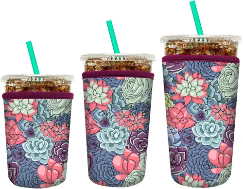 Miniatura 21 de YR Funda aislante de neopreno reutilizable para tazas de café helado, paquete de 3 fundas para bebidas heladas y calientes, enfriador de bebidas