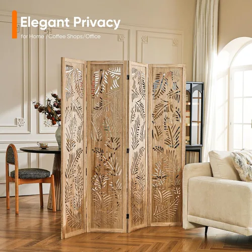 Miniatura 5 de JOSTYLE Divisor de habitación bohemio con tallado de plumas, pantalla de madera calada de 4 paneles, división plegable decorativa para dormitorio