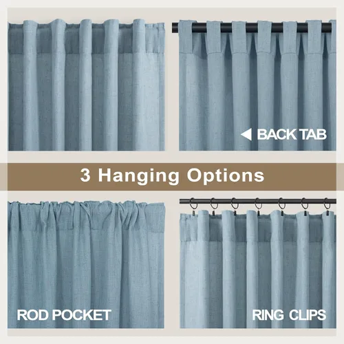 Miniatura 4 de Cortinas de lino azul de 84 pulgadas de largo para sala de estar; juego de 2 paneles con lengüeta trasera; cortinas con dobladillo para barra; Azul