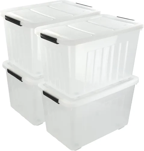 Contenedores de almacenamiento transparentes de 70 L, paquete de 4, contenedores de almacenamiento apilables de plástico con tapas y ruedas, sin BPA