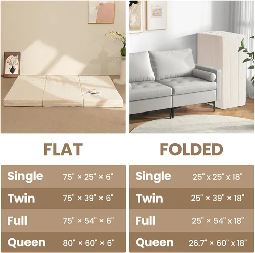 Miniatura 7 de Colchón de tres pliegues de 6 pulgadas, tamaño individual, sofá cama plegable con funda extraíble lavable, colchón plegable de espuma de alta