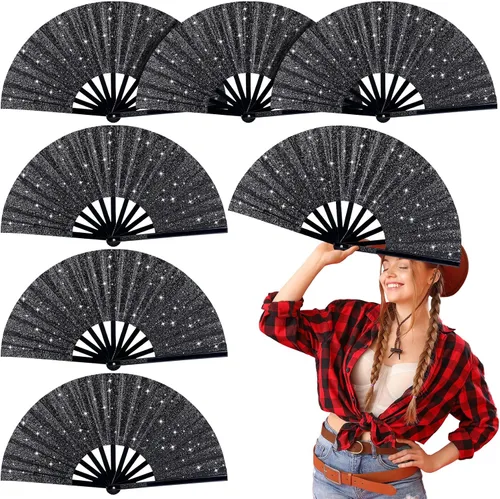 Thyle Abanico grande con purpurina para bailar en línea, 6 unidades, color negro, aplaudiendo, regalos de fiesta, regalo para festivales Edm