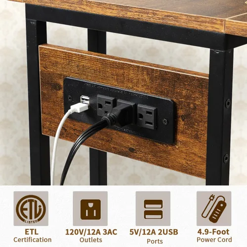 Miniatura 7 de Hadulcet Mesa auxiliar en forma de C con estación de carga y mesa plegable, mesa plegable para TV con almacenamiento, mesa para laptop para sofá
