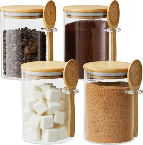 Miniatura 8 de Recipiente de vidrio para azúcar con cuchara, 1 paquete de tarros de vidrio de 15 onzas con tapa y cuchara de bambú, recipientes de almacenamiento