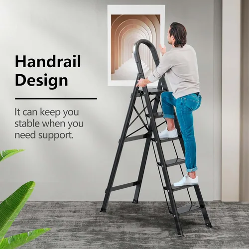 Miniatura 3 de escalera ligera de aluminio, de 6 peldaños, plegable, con peldaños anchos y antideslizante para uso en el hogar y la cocina, ahorra espacio (negro)