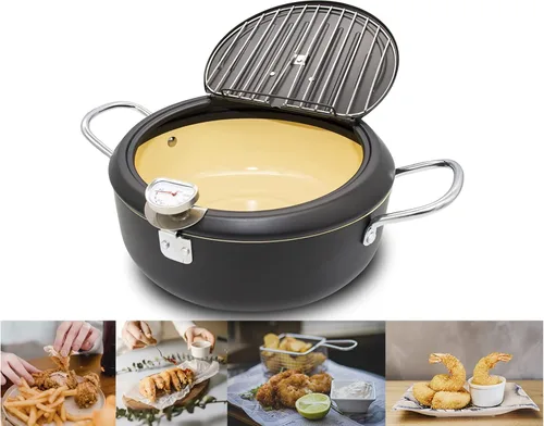 Olla Freidora Japonesa Profunda con Termómetro Fahrenheit 3.5L - Freidora con Revestimiento Antiadherente, Fríe Negro