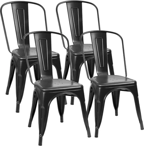 Flamaker Sillas de comedor de metal para uso en interiores y exteriores, sillas laterales apilables con respaldo para cocina industrial, sillas Negro