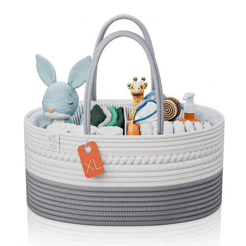 Miniatura 14 de KiddyCare Organizador de pañales tejido, canasta portátil multifuncional grande de color gris con asa, regalo de bebé para niño/niña, almacenamiento