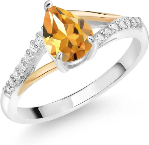 Miniatura 7 de Gem Stone King Anillo de compromiso de plata 925 y oro amarillo de 10 quilates, piedra natal con forma de pera de 0.315 x 0.236 in y diamantes