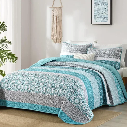 Miniatura 31 de WONGS BEDDING Juego de edredón bohemio tamaño Queen, juego de colcha de retazos a rayas bohemias aguamarina con 2 fundas de almohada, juego de ropa