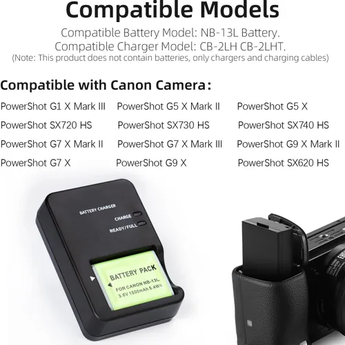 Miniatura 2 de Cargador de batería NB-13L CB-2LH compatible con Canon PowerShot G1X G1 X Mark III G5X G5 X Mark II G7X G7 X Mark II III G9X G9 X Mark II SX620