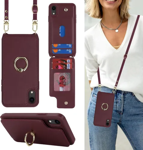 Miniatura 45 de Lipvina para iPhone 11 Pro Funda para teléfono con tarjetero y correa para mujeres, cordón cruzado, soporte de anillo con patas, cierre de presión