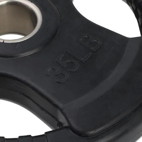Miniatura 7 de HolaHatha Placa de peso olímpica de hierro fundido sólido recubierto de goma de 35 libras con mango de triple agarre para entrenamientos de fuerza