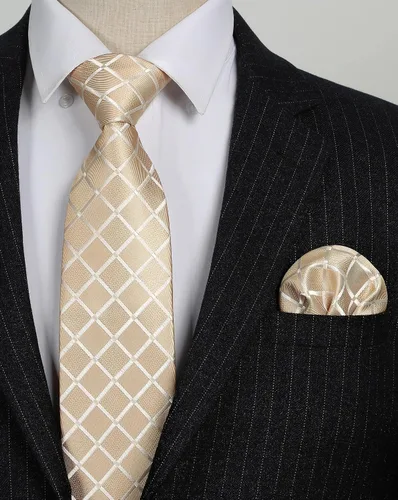 Miniatura 215 de HISDERN Conjunto de corbata a cuadros a cuadros pañuelo tejido clásico formal para hombre corbata y bolsillo cuadrado