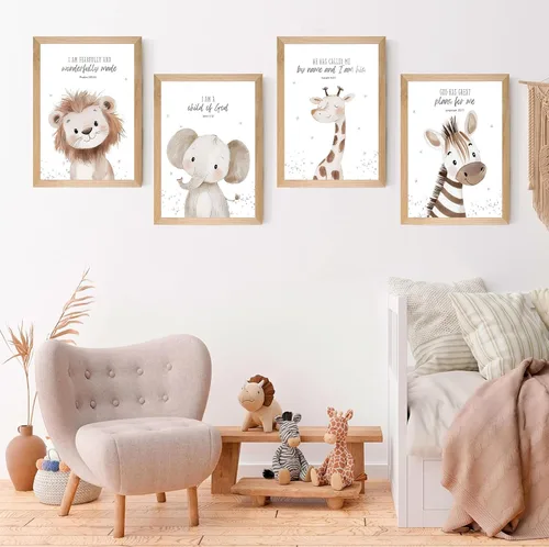 Miniatura 7 de 4 piezas de lienzo de animales con versículos bíblicos para guardería, arte de pared divertido y lindo de animales de safari, pintura cristiana
